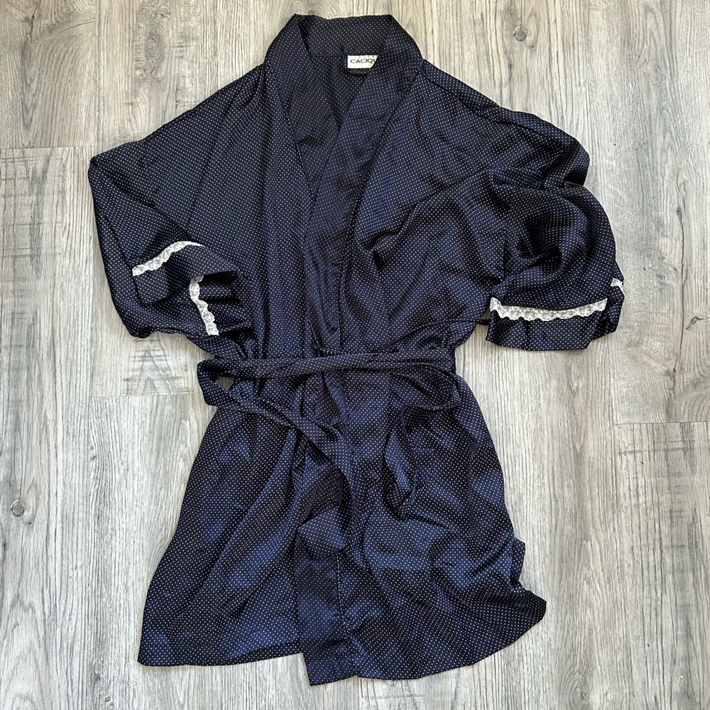 Cacique Navy Polka Dot Robe with Lace Trim and Camisole Sz M